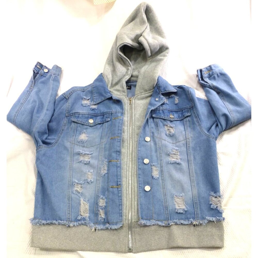 Distressed Denim Hooded Jacket With Playful Rips & Layered Style 1X Thrill Jeans